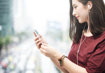 Poster - Woman Listening Music Media Entertainment Walking Concept