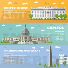 Washington DC Tourist Landmark Banners. Vector Illustration. Capitol, White House.