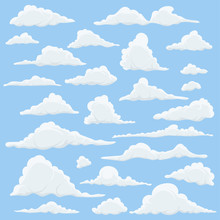 Cartoon Clouds Set On Blue Sky Background. Set Of Funny Cartoon Clouds, Smoke Patterns And Fog Icons, For Filling Your Sky Scenes Or Ui Games Backgrounds