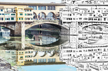 Wall Mural - From sketch to the Ponte Vecchio, bridge is mirrored in the Arno