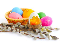 Colorful Easter Eggs And Branches Of Willow On White Background