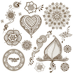 Set of vector ornaments in indian style. Mehndi ornamental floral elements