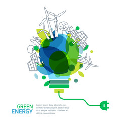 energy saving concept. vector illustration of light bulb with outline trees, alternative wind and so