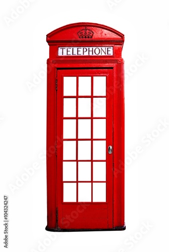 Fototapeta na wymiar Iconic red British telephone booth isolated on a white background