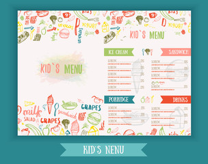 Kids menu Cute colorful hand drawn vector template. Kids menu design for party, cafe. Creative kids menu banner.