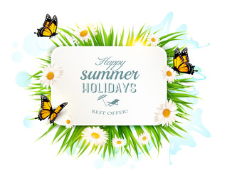 Poster - Square happy summer holidays banner with grass, butterflies and