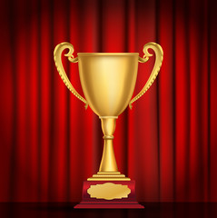 trophy golden cup on red curtain background. vector illustration