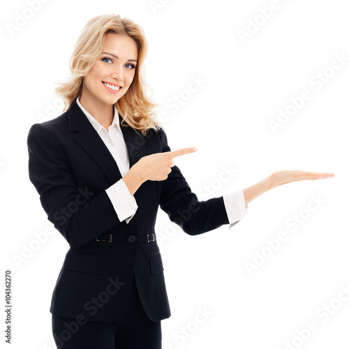Fotografía businesswoman, showing something or copyspace