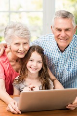 Wall Mural - Portrait of smiling grandparents and granddaughter using laptop