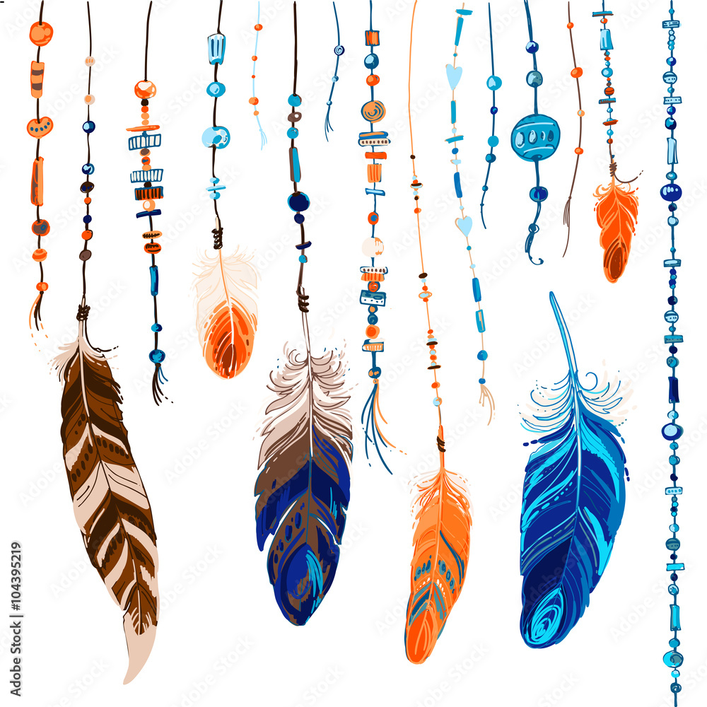 Set of ornaments, feathers and beads. Native american indian dream ...