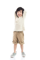 Wall Mural - Happy little asian boy on white background