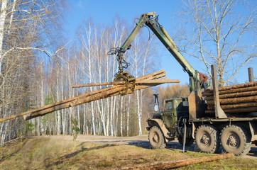 Loading logs onto a stack./ Loading logs in a stack on a truck with a crane manipulator.