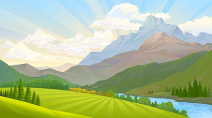 Wall Mural - deep blue river flowing around a green hillock