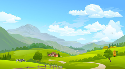 cows grazing in green fields with huge mountains