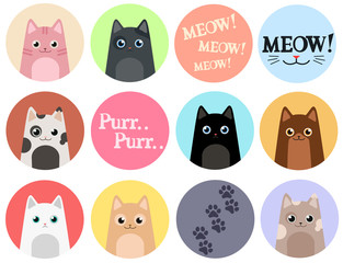 Sticker - Set of 12 stickers. Cats. Cartoon vector design