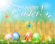 Easter Background With Fence And Eggs