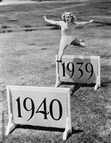 Poster Woman jumping hurdles labeled with years
