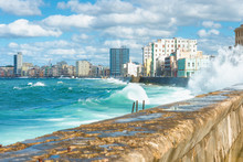 The Havana Skyline With Big Waves On The Sea