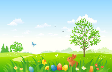 Wall Mural - Easter landscape with a bunny