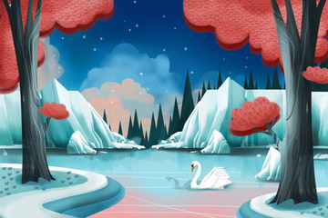 Wall Mural - Creative Illustration and Innovative Art: Swan Lake. Realistic Fantastic Cartoon Style Artwork Scene, Wallpaper, Story Background, Card Design 