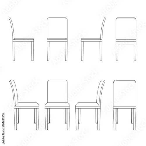 Chair illustration outline, perspective 3d front back and side views