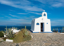 Typical Greek Place With A White Small Orthodox Chapel Dedicated To St. Nikolaos. Rafina, Greece