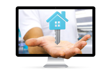 businessman escaping from computer holding digital key