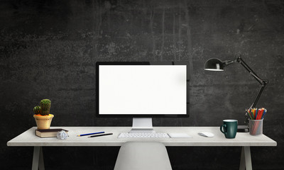 Aufkleber - Isolated computer display for mockup. Office interior with window, lamp, plant, keyboard, mouse, pencils, book on desk.