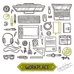 Wall Mural - Hand drawn set of work and business elements top view. Workplace top view