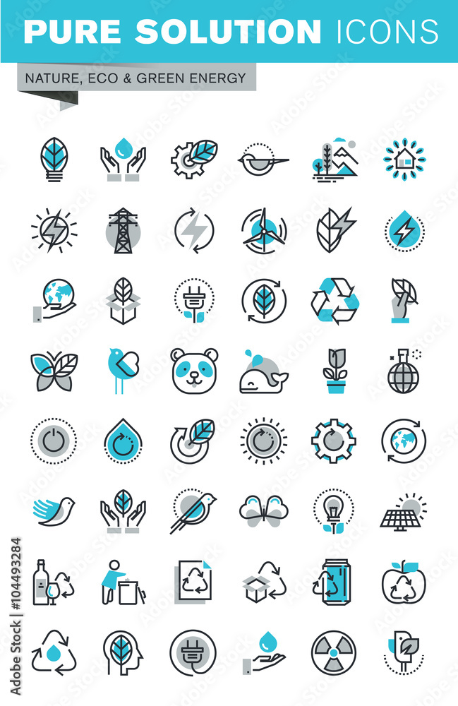 Modern thin line flat design icons set of ecology, nature, recycling ...