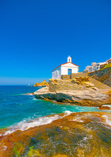 Beautiful Small Church By The Sea At Chora, The Capital Of Andros Island In Greece