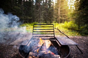 campfire during sunset with some peace of wood in a campground steel fireplace with a forest behind,