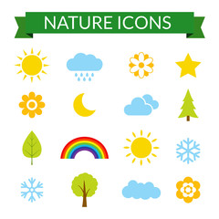 Wall Mural - Set of nature icons. Weather and plants. Vector illustration.