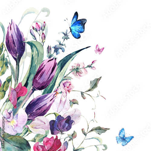 Nowoczesny obraz na płótnie Watercolor Greeting Card with Sweet Peas, Tulips
