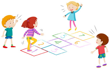Wall Mural - Boys and girls playing hopscotch
