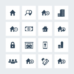 Poster - Real estate icons on squares, house sale, search, apartments, homes for rent, real estate pictograms, vector illustration