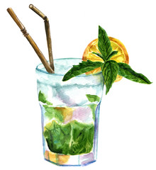 Poster - Watercolor mojito cocktail with mint, lemon, and drinking straws