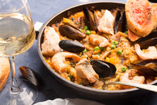 Traditional Seafood Paella In The Pan