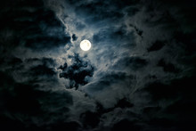 Mysterious Night Sky With Full Moon. Horror And Halloween Concept. 
