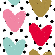 Red, Pink, Mint And Gold Hearts On The Polka Dots Background. Vector Seamless Pattern For Valentines Day.