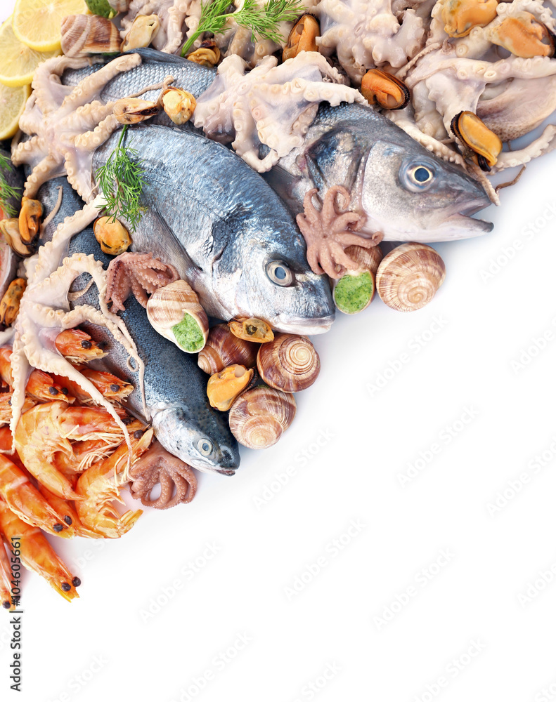 Fresh Mediterranean fish cocktail on white background, close up