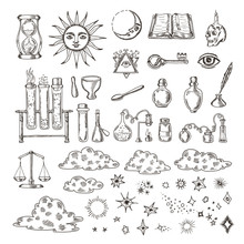 Set Of Trendy Vector Alchemy Symbols Collection Isolated On White Background.