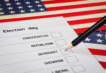 Elections Ballot With USA Flag Background. Selection Of A Candidate From The Democrats