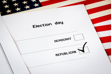 Elections Ballot With USA Flag Background. Selection Of A Candidate From The Republicans