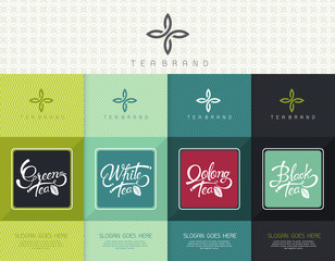 Vector set of templates packaging tea, logo, label, banner, poster, identity, branding. Stylish design for black tea - green tea - white tea - oolong tea