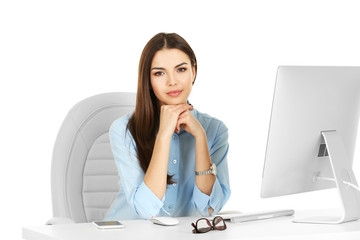 Wall Mural - A beautiful woman working at the office, isolated on white