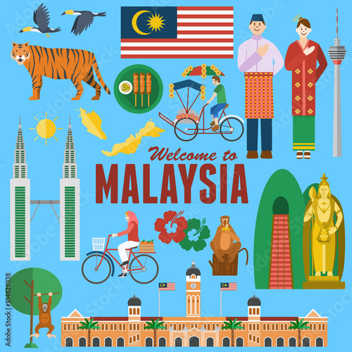 Fotografía Flat design, Illustration of Malaysia's landmarks and icons