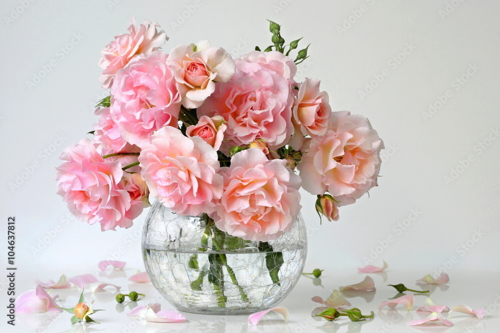 Bouquet of pink roses in a vase. Romantic floral still life with garden roses.  - obrazy, fototapety, plakaty 
