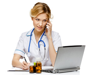 Woman doctor standing on white background