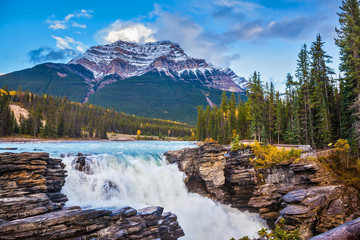 Poster - pyramidal mountain and waterfall athabasca